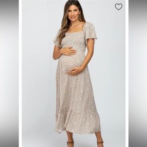 Ivory Floral Smocked Maternity Maxi Dress- Pink Blush Maternity